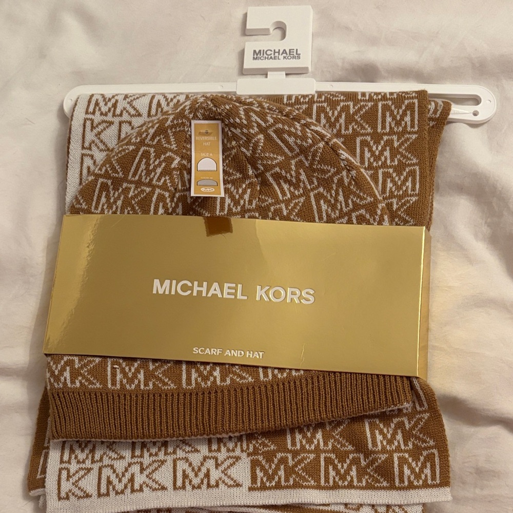 Michael Kors Brown & White MK Logo Scarf and Beanie Set